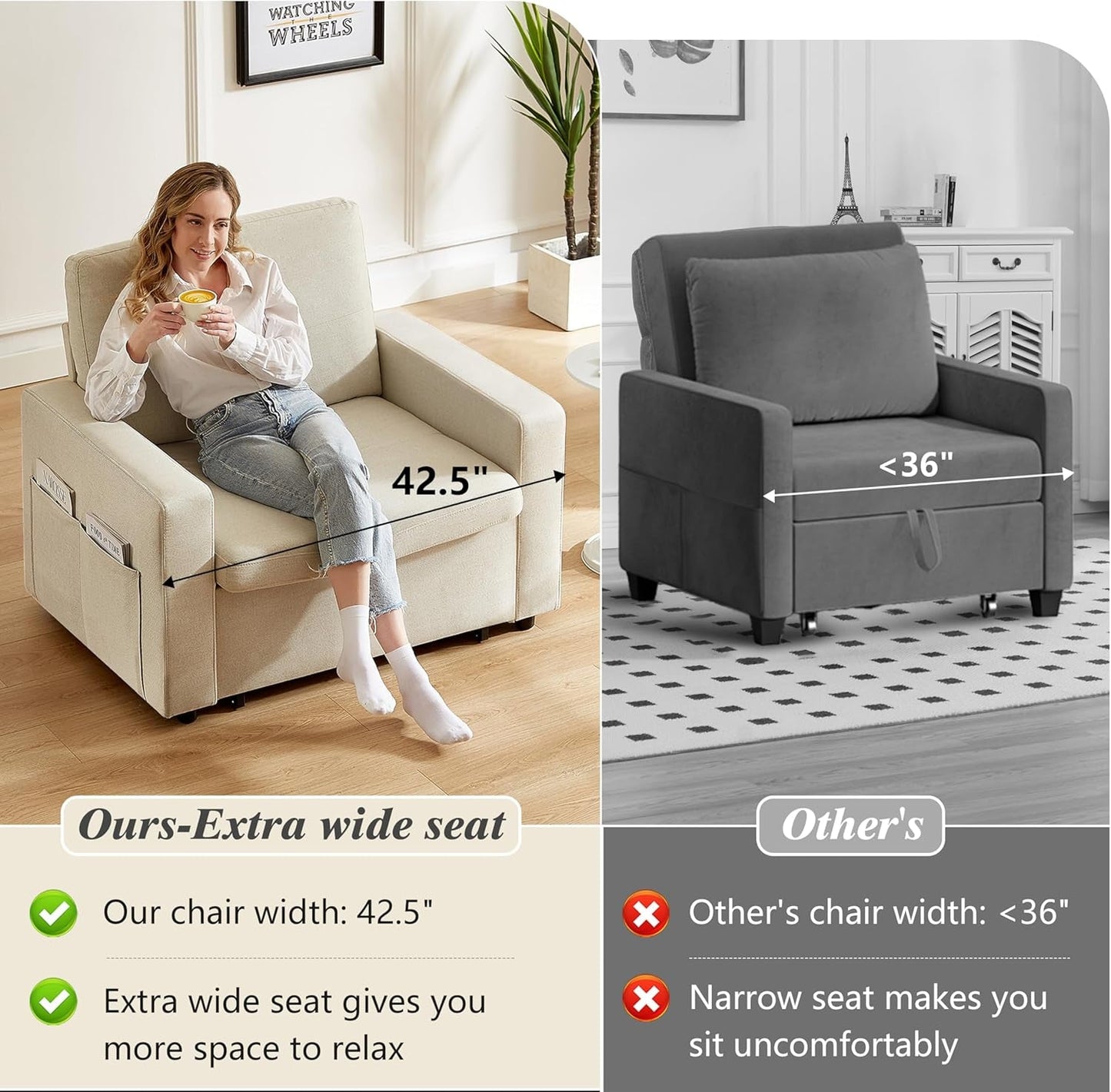 Forty Two Point Five Inch Sleeper Chair Bed Beige Convertible Sofa Bed