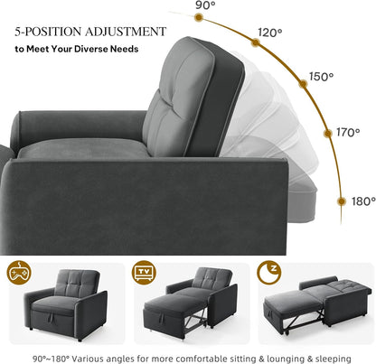 Convertible Sofa Bed Chair Gray Velvet Upholstered