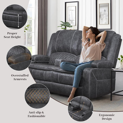 Gray Velvet Manual Recliner Loveseat With USB Ports