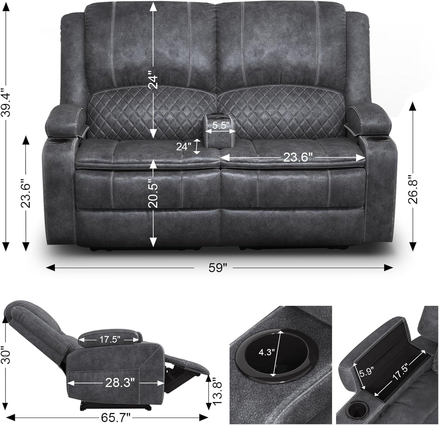 Gray Velvet Manual Recliner Loveseat With USB Ports