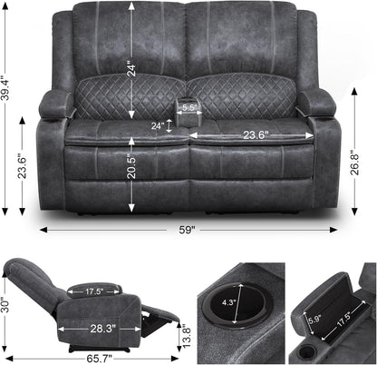 Gray Velvet Manual Recliner Loveseat With USB Ports