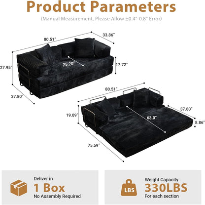 81 Inch Foldable Black Sofa Bed MemoryFoamContourPlus
